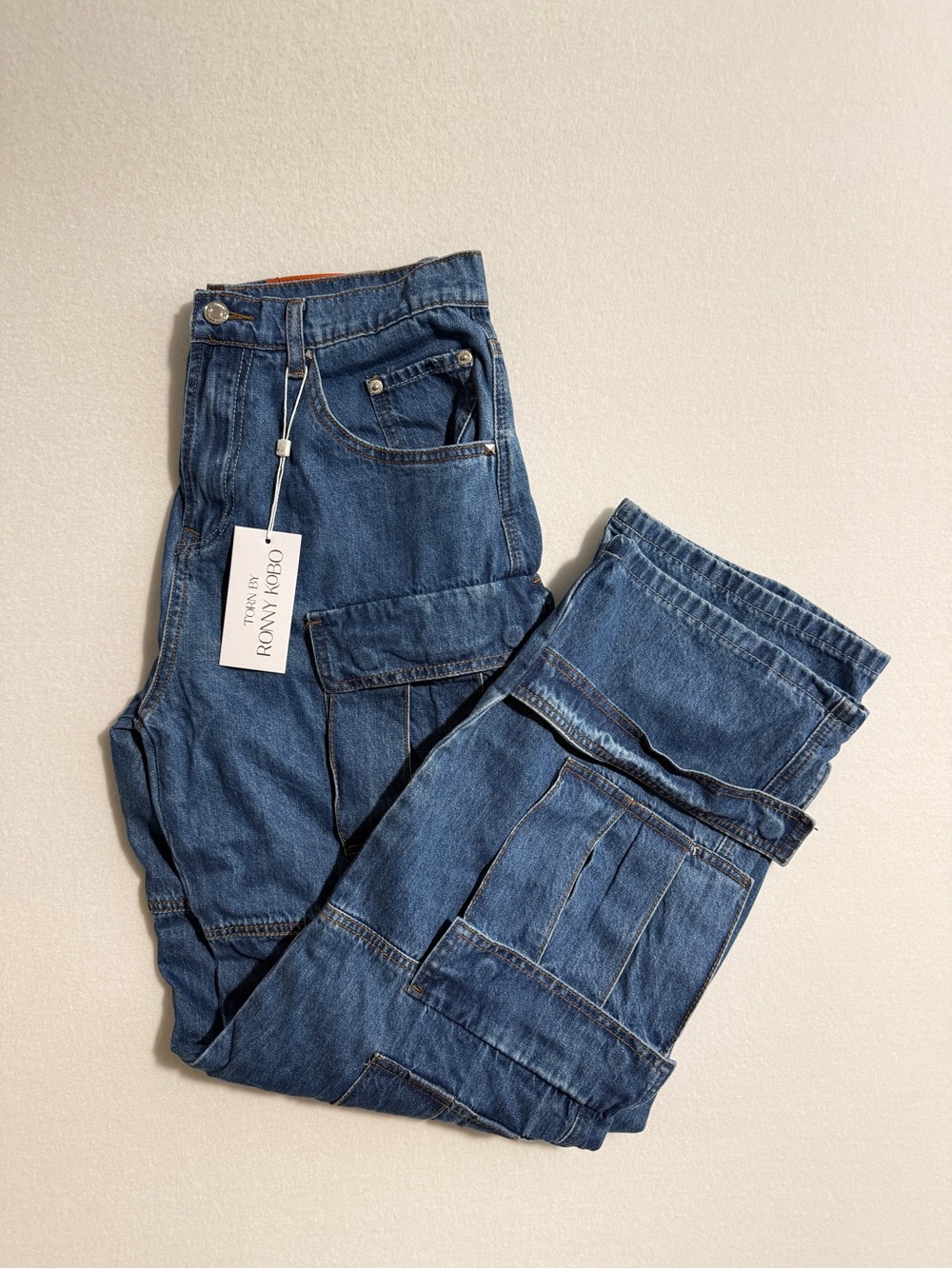 Torn by Ronny Kobo Dark Blue Wide-Leg Cargo Jeans size 29